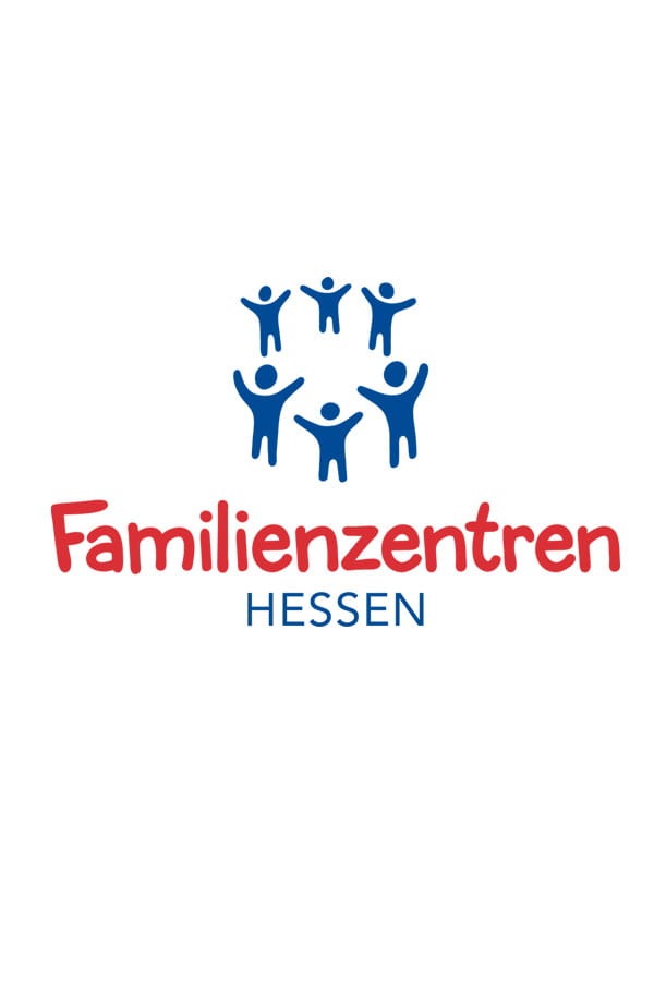Logo von Familienzentren Hessen mit stilisierten blauen Figuren und roter sowie blauer Schrift auf hellem Hintergrund