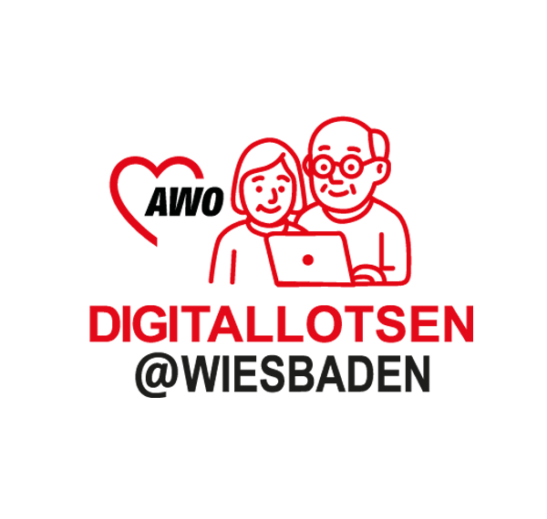 Illustration der AWO Digitallotsen Wiesbaden mit zwei Personen an einem Laptop und AWO-Logo