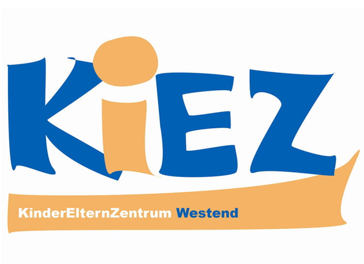 Logo des KIEZ Kinder Eltern Zentrums Westend mit blauem Schriftzug und gelber Fläche