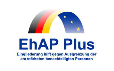 Logo des Programms EhAP Plus: Eingliederung hilft gegen Ausgrenzung der am stärksten benachteiligten Personen