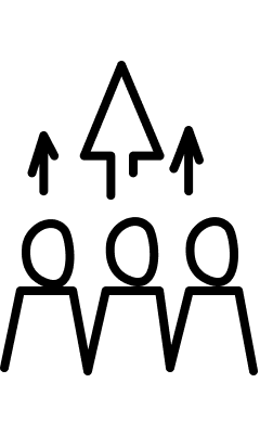Line-Art-Grafik von drei Personen-Icons mit nach oben gerichteten Pfeilen, die Teamarbeit und kollektiven Erfolg visualisiert