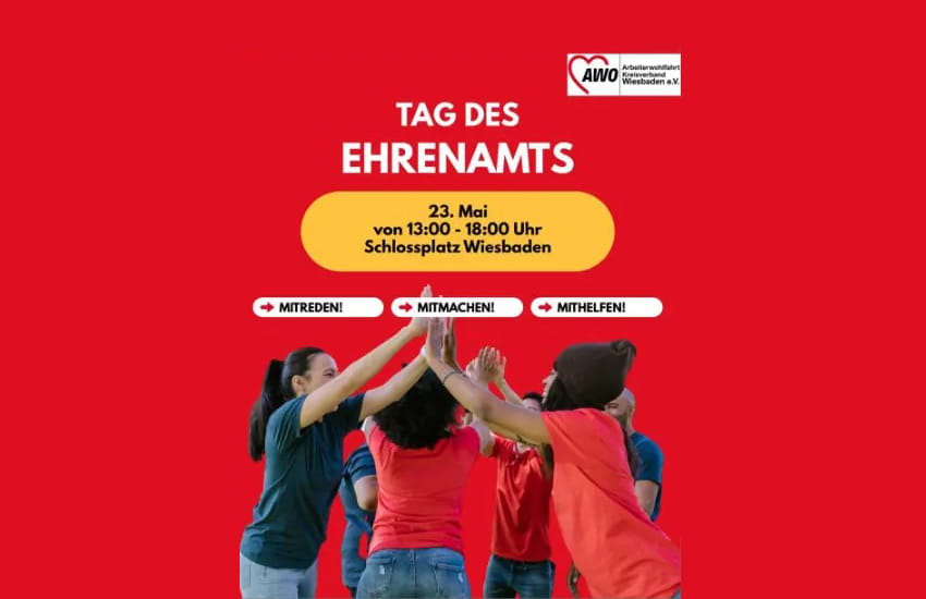 Grafik zum Tag des Ehrenamts am 23. Mai auf dem Schlossplatz Wiesbaden mit AWO Wiesbaden und Menschen beim gemeinsamen High Five